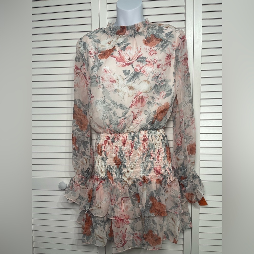 TCEC Pink and Orange Ruffled Tiered Dress with Bishop Sleeves